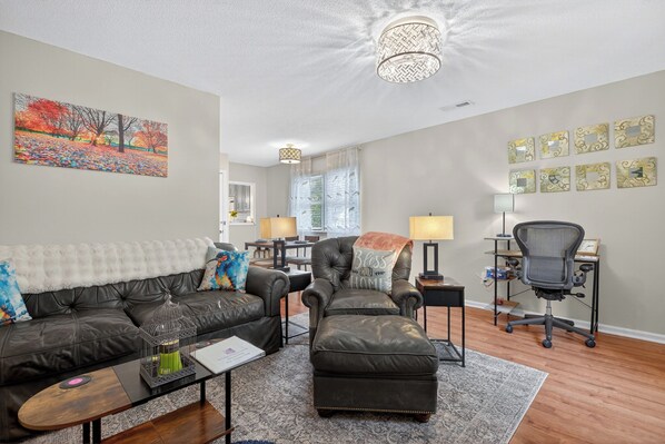 Smart TV, fireplace, books