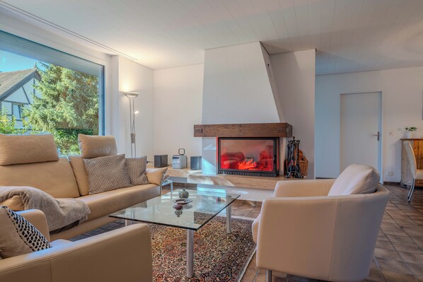 Smart TV, fireplace, stereo, computer monitors