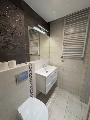 Hair dryer, towels, soap, toilet paper