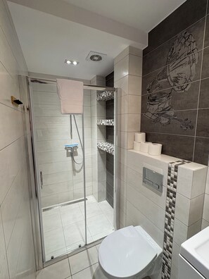 Hair dryer, towels, soap, toilet paper