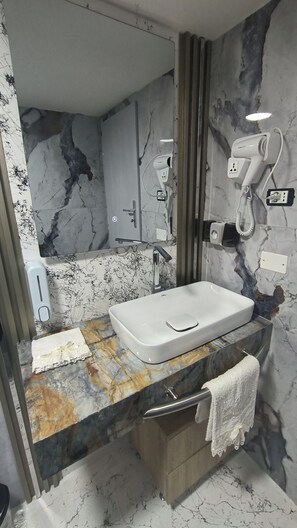 Shower, hair dryer, bidet, towels