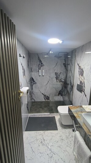 Douche, sèche-cheveux, bidet, serviettes fournies