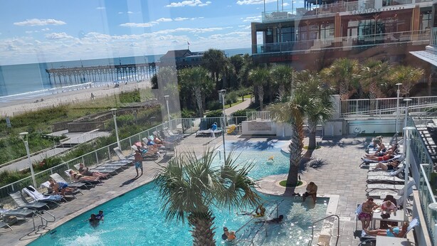 Un espace piscine avec des chaises longues, un palmier et une vue sur la plage et la jetée.