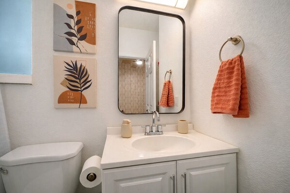 Hair dryer, towels, soap, toilet paper