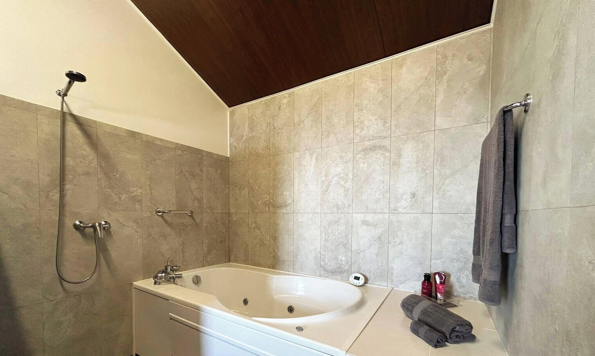 Une salle de bain moderne avec une baignoire sur pieds, une douche et un porte-serviettes.