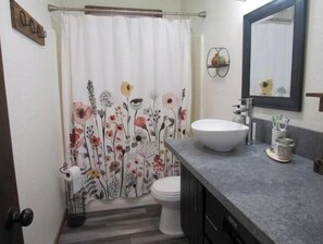 Hair dryer, towels, soap, toilet paper