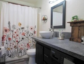 Hair dryer, towels, soap, toilet paper