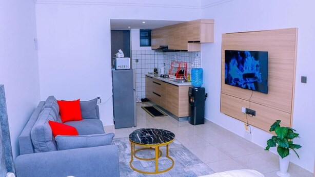 Een moderne woonkamer met een grijze bank, rode kussens, een zwart en gouden salontafel, een flatscreen-tv aan de muur en een klein keukentje met houten kasten en een betegelde spatwand.
