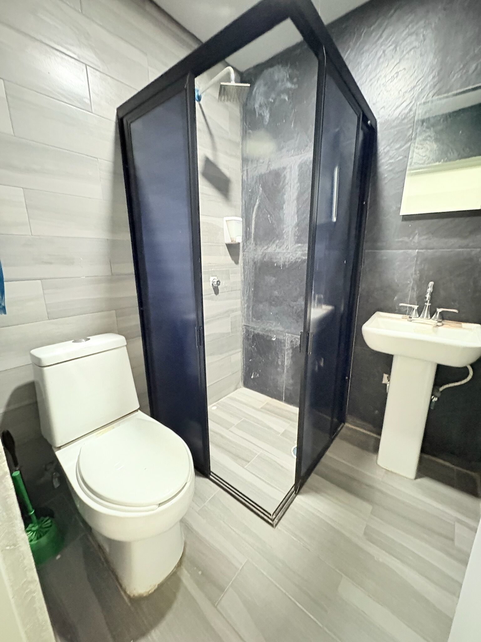 A bathroom with a toilet, a sink, and a shower enclosure.