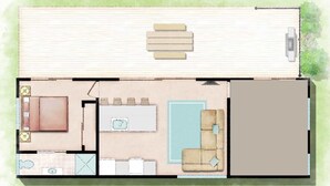 Un plan d’étage d’une maison comprenant un salon, un coin repas, une cuisine et une grande chambre.