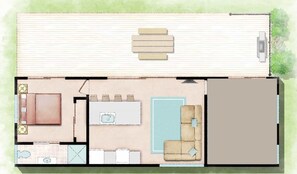 Planta baixa de uma casa com sala de estar, área de jantar, cozinha e um quarto amplo.