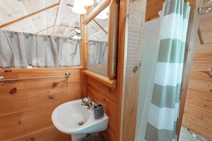 Regadera, toallas, jabón, papel de baño