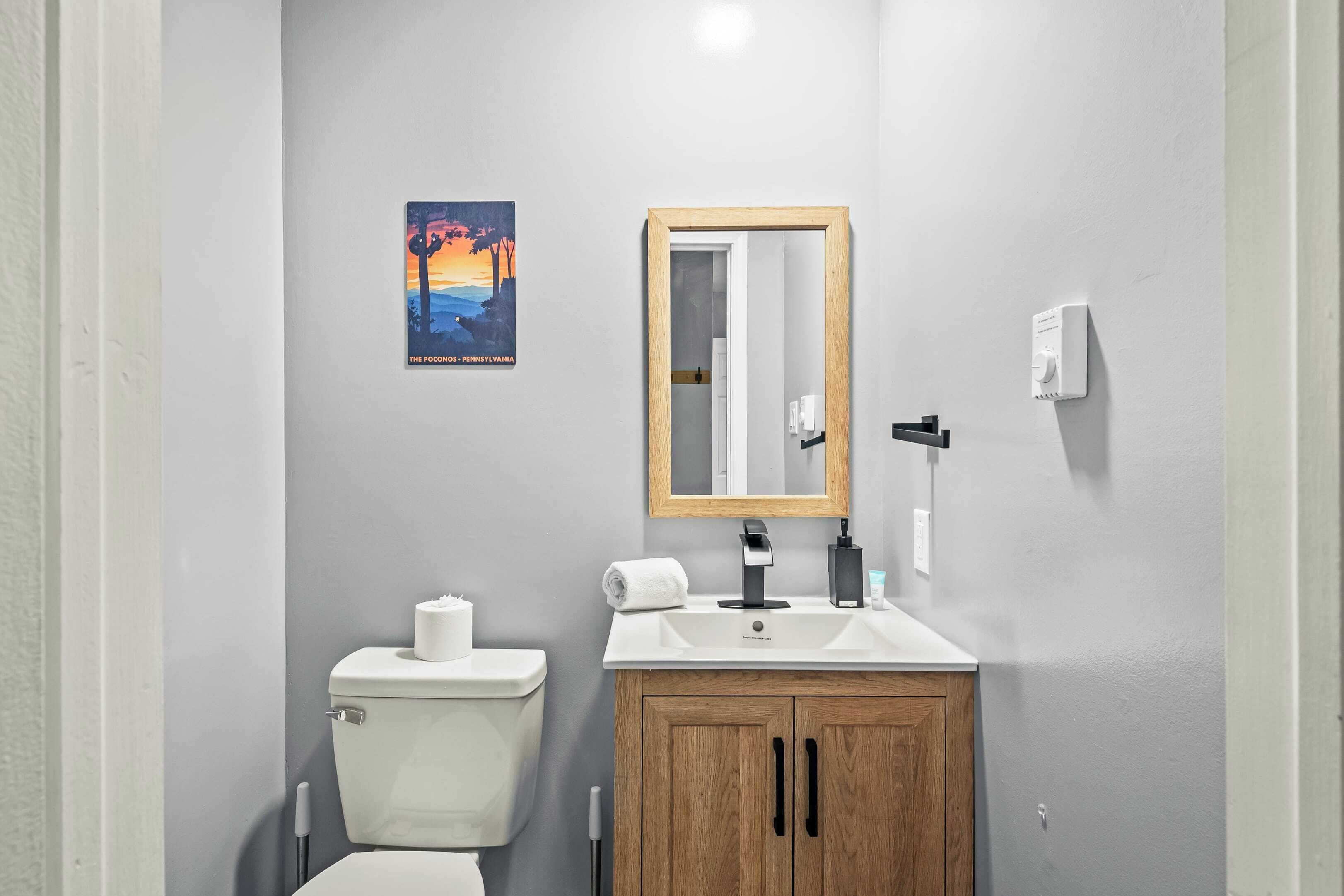 A bathroom with a toilet, sink, wooden cabinet, and a mirror.