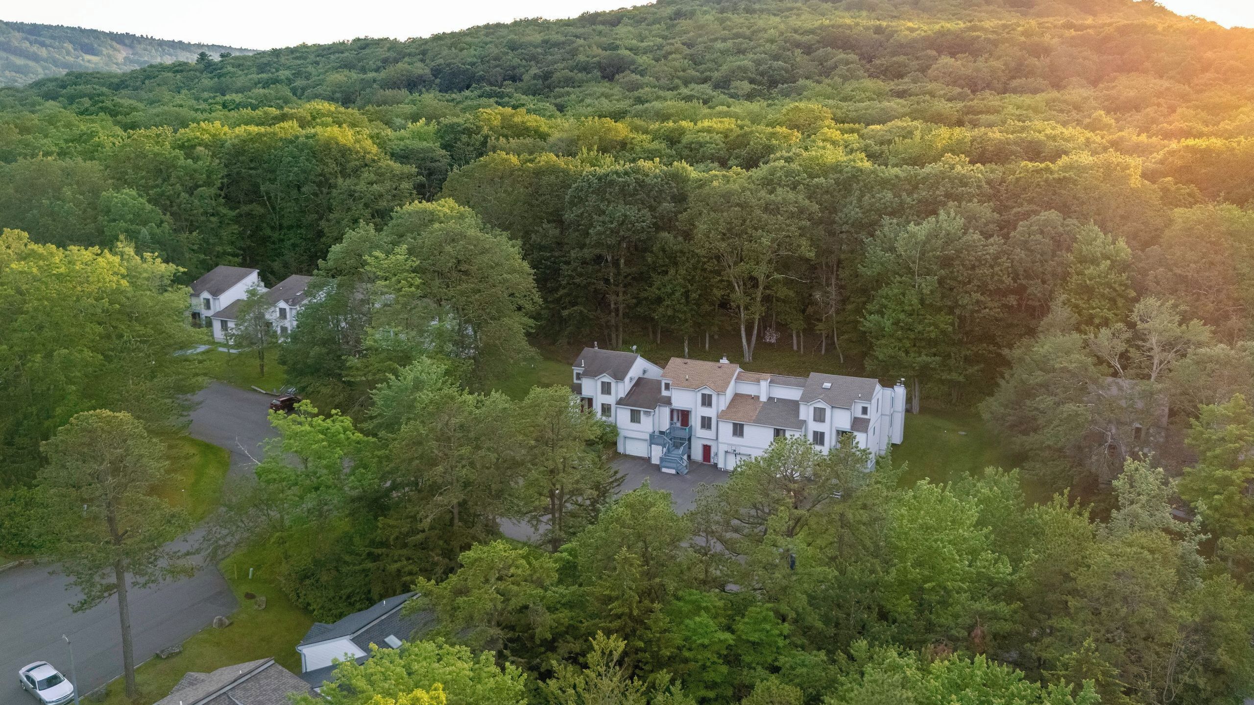 A residential area with a white multi-story house surrounded by dense green trees.