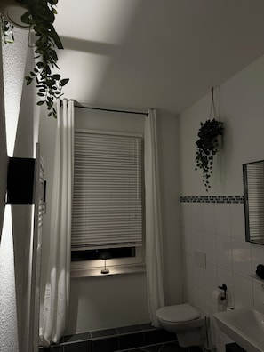 Douche, sèche-cheveux, serviettes fournies, savon