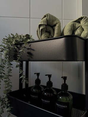 Douche, sèche-cheveux, serviettes fournies, savon