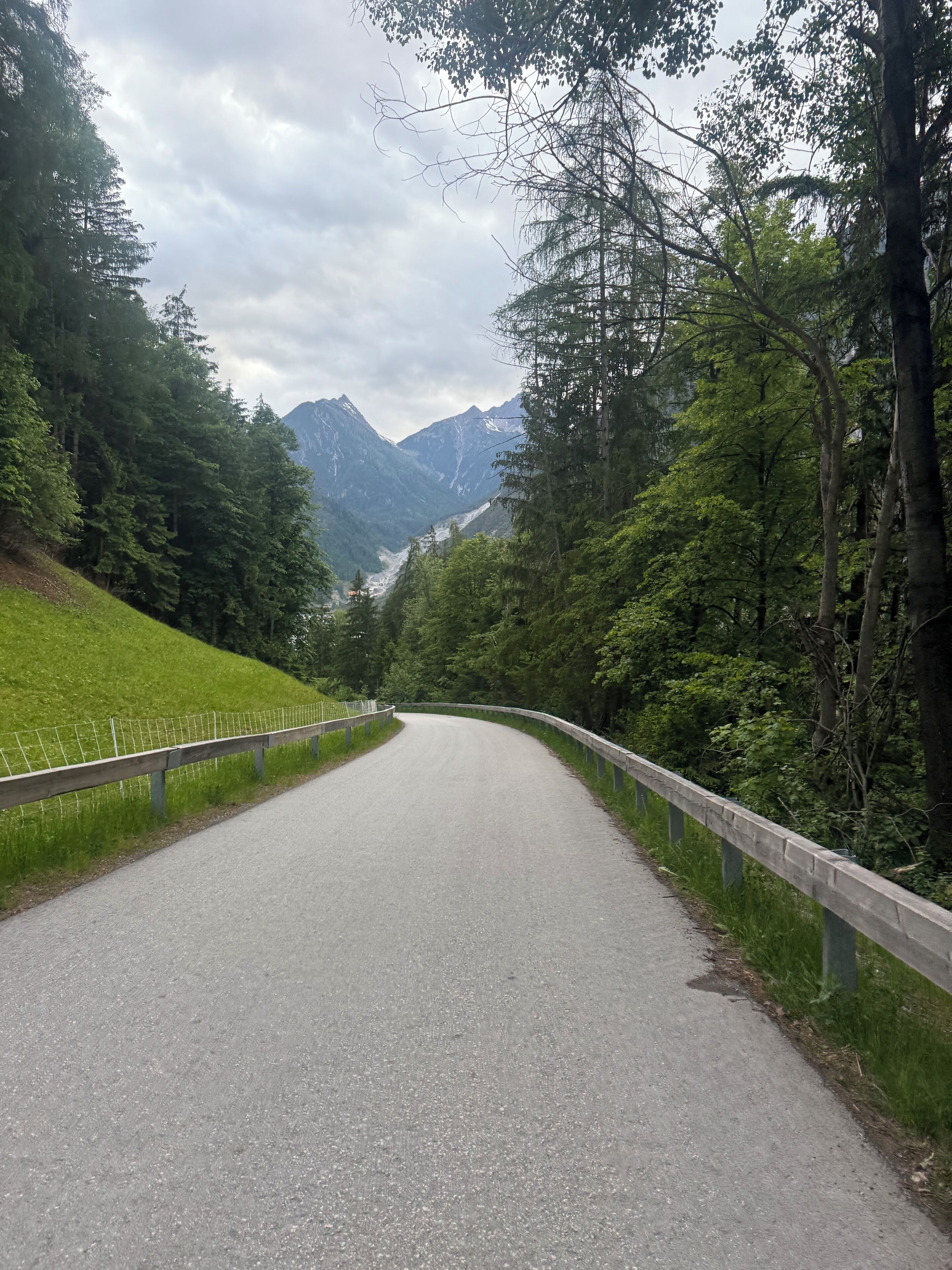 Carretera pavimentada bordeada por césped verde y árboles, que se dirige hacia una cordillera.