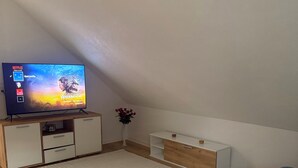 Une chambre à coucher avec un lit, un téléviseur posé sur un meuble, une commode et une petite plante.