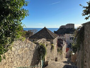 A narrow street with stone buildings, a steep staircase, and a view of the sea and a castle in the distance.