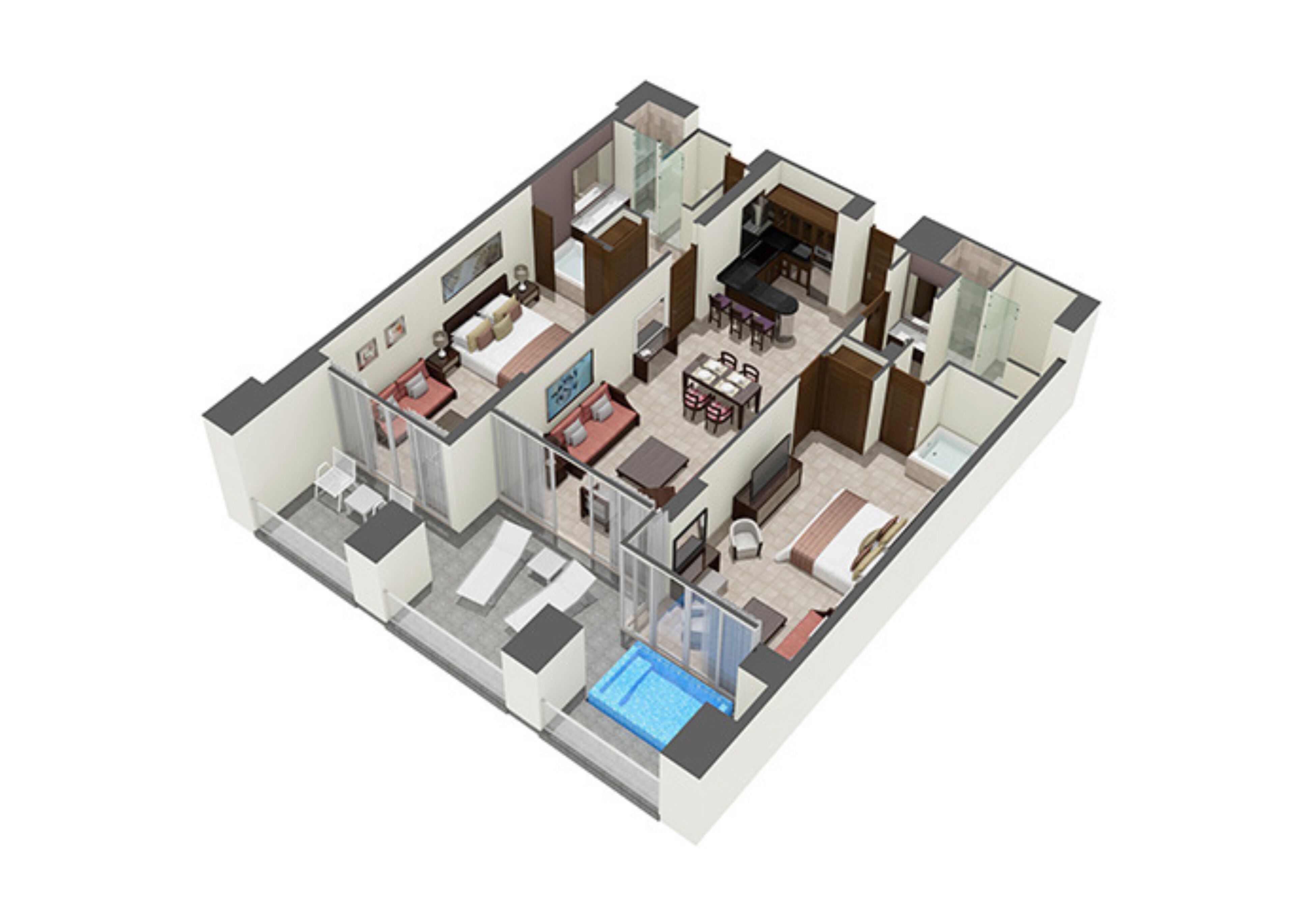Een 3D-plattegrond van een modern appartement met een woonkamer, een eetruimte, een keuken, twee slaapkamers, een badkamer en een balkon met een zwembad.