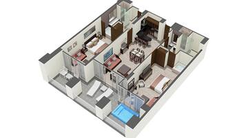 Een 3D-plattegrond van een modern appartement met een woonkamer, een eetruimte, een keuken, twee slaapkamers, een badkamer en een balkon met een zwembad.