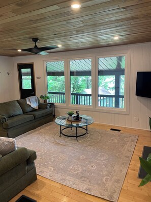 Smart TV, fireplace, books