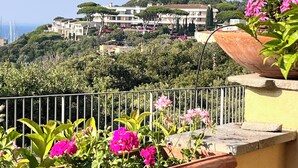 Ein Balkon mit Blumentöpfen und Blumen, der einen Blick auf eine Hügelkuppe mit Gebäuden freigibt.