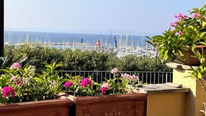 Ein Balkon mit Blumentöpfen und Blumen, mit Blick auf einen Yachthafen mit Booten und einem klaren Himmel.