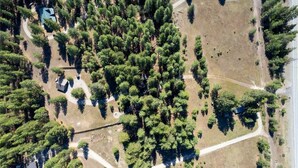 An aerial view of a property with dense forestation, clear pathways, and a few small buildings.
