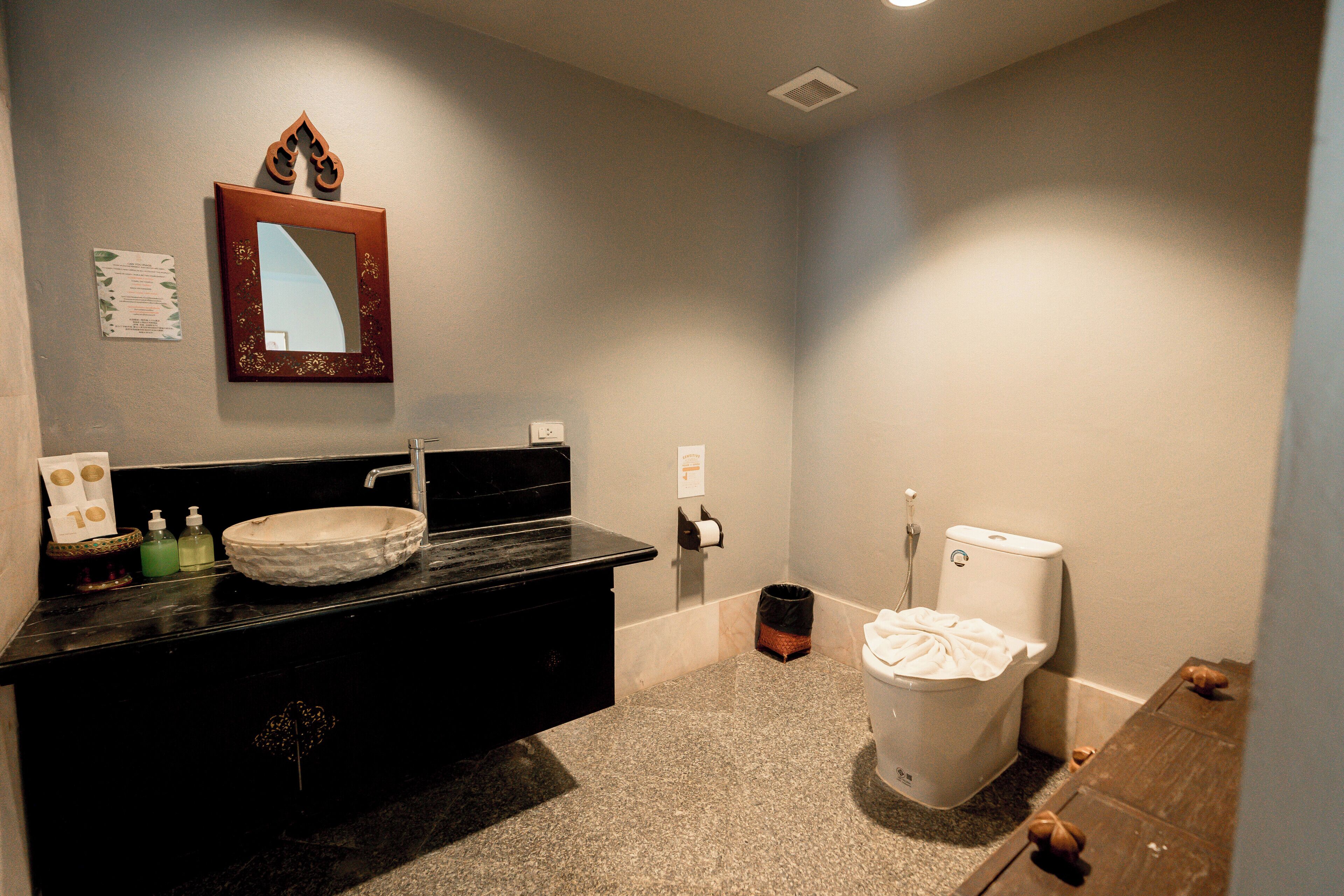 A bathroom with a marble sink, a toilet, and a wall-mounted mirror.