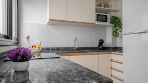 A modern kitchen with white cabinets, a granite countertop, a microwave, a coffee maker, and a potted plant. - MOT Teatro Soho (Buenos Aires)