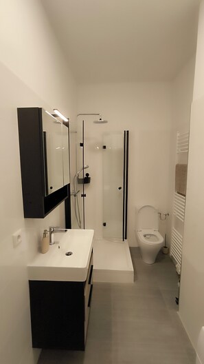 Een douche, een haardroger, handdoeken, zeep