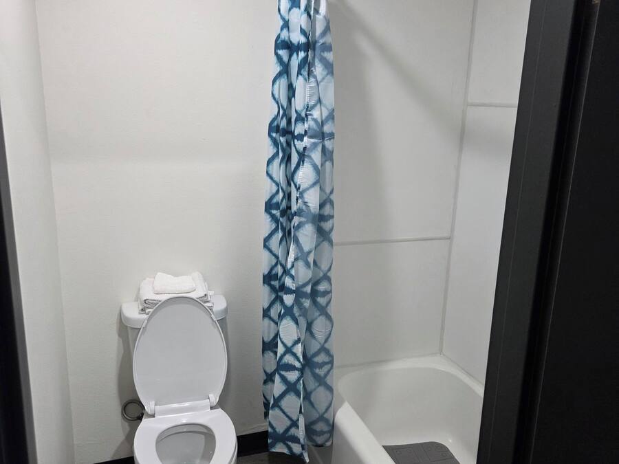 Une petite salle de bain avec des toilettes, un rideau de douche et une baignoire.