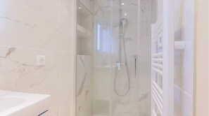 Hair dryer, towels, soap, toilet paper