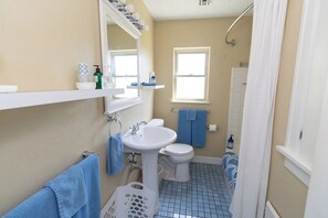 Hair dryer, towels, soap, shampoo