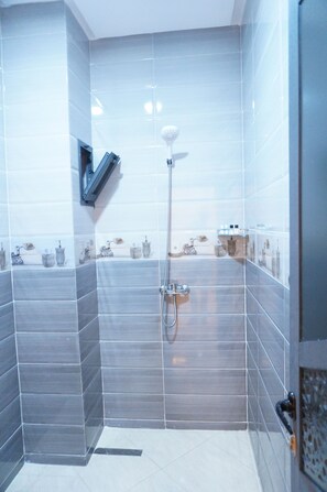 Shower, towels, soap, toilet paper