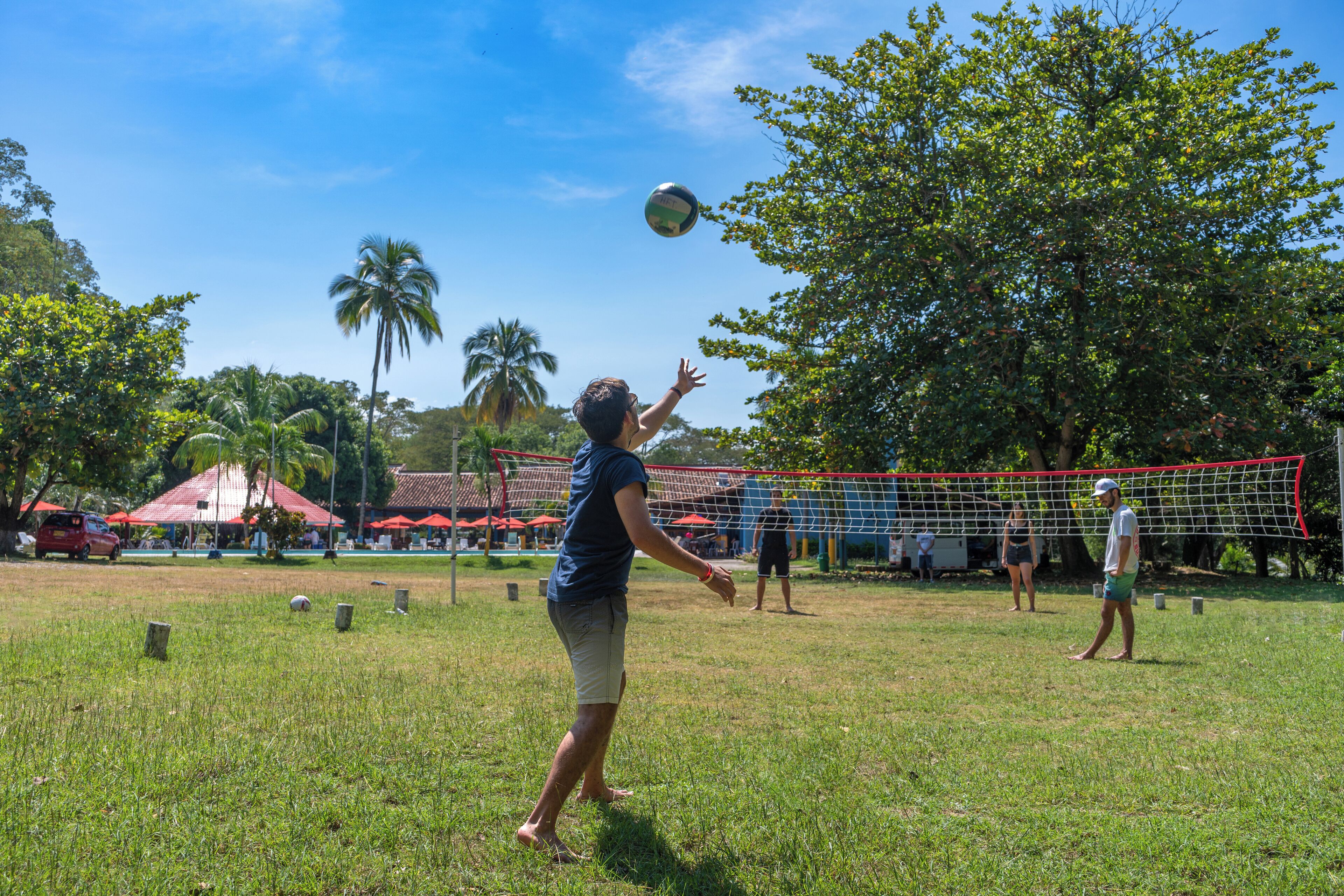Een grasveld met een volleybalnet en spelers.