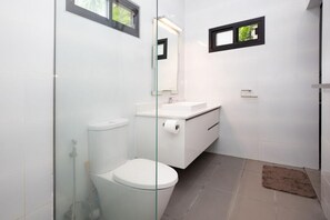Shower, hair dryer, towels, soap