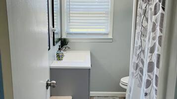 Hair dryer, towels, shampoo, toilet paper