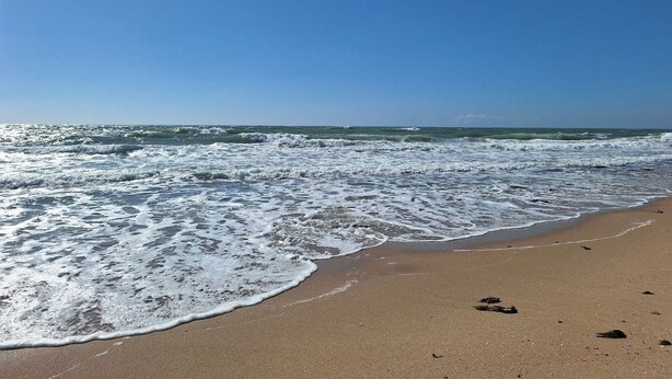 Ein Strand mit brechenden Wellen unter blauem Himmel.