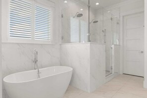 Shower, hair dryer, shampoo