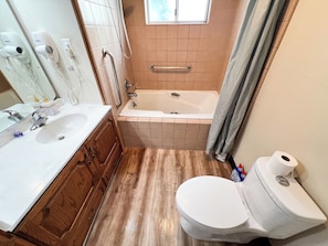 Hair dryer, towels, soap, shampoo