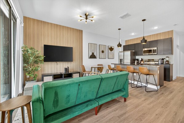 Smart TV, foosball, stereo