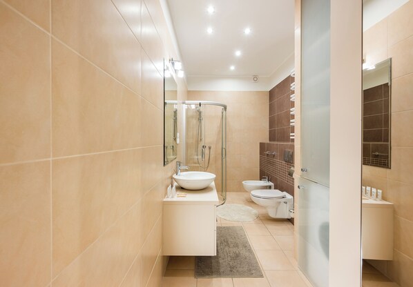 Shower, free toiletries, hair dryer