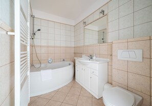Hair dryer, towels, soap, shampoo