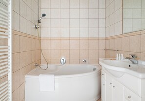 Hair dryer, towels, soap, shampoo