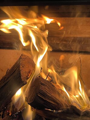 Fireplace - Rose Gum Cottage at Nightcap Ridge in the Byron Bay Hinterland. (Dorroughby)
