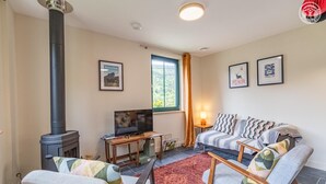 Een gezellige woonkamer met een open haard, een bank, een televisie en een raam met gordijnen.