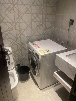 Jetted bath, hair dryer, towels, soap