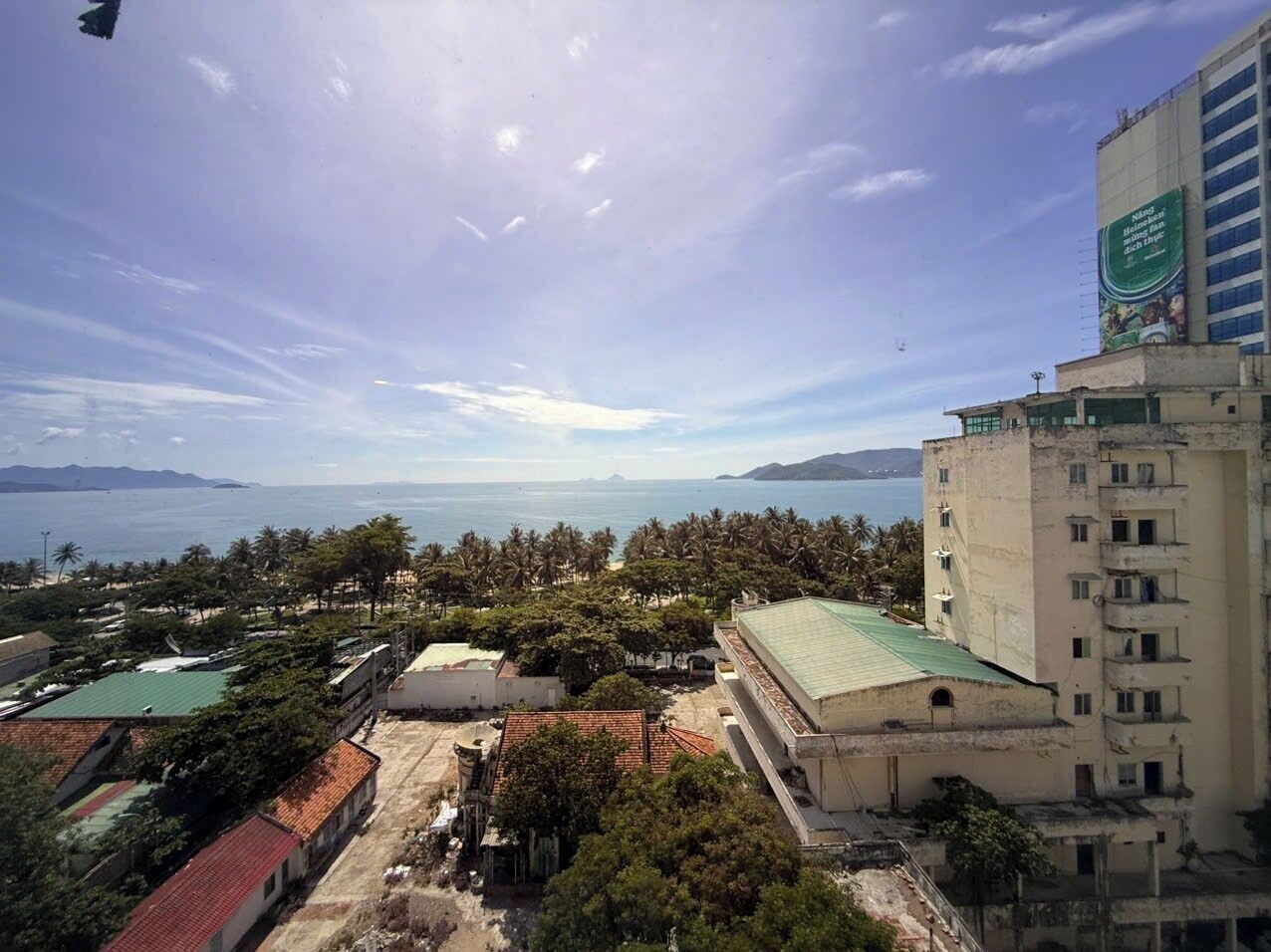A coastal cityscape with a view of the sea, palm trees, and a building with a green roof.
